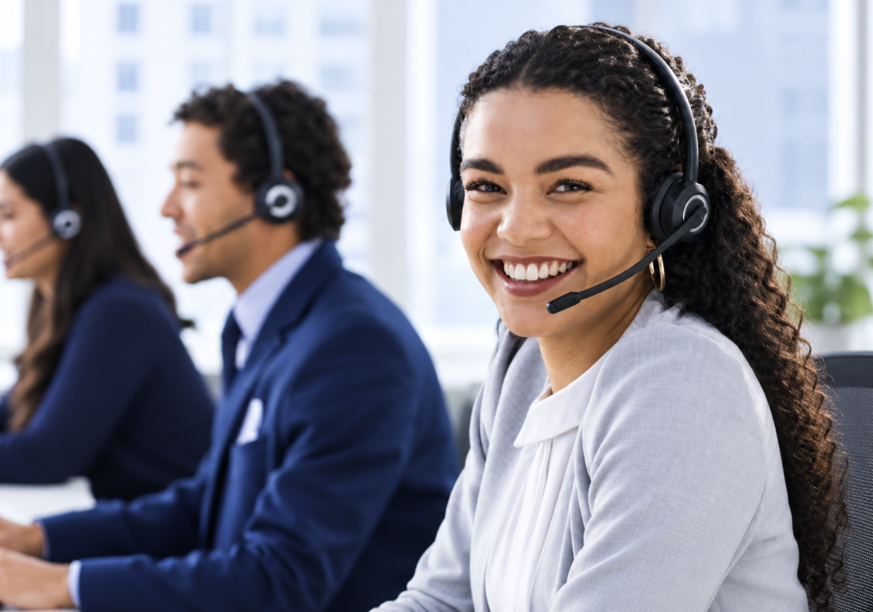 Smiling customer service representative wearing a headset in a bright office setting, with another headset-wearing colleague assisting a caller in the background.